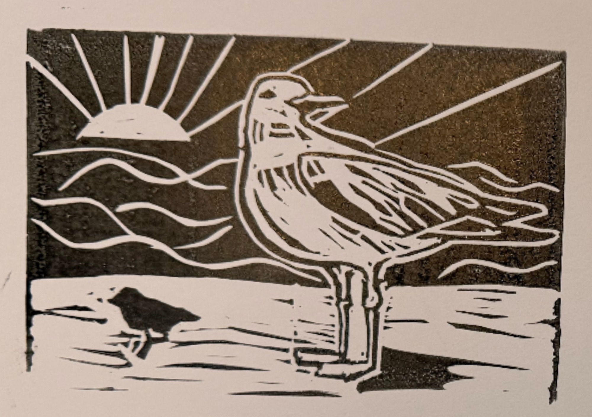 Seagull linocut — speedball ink print, 2025